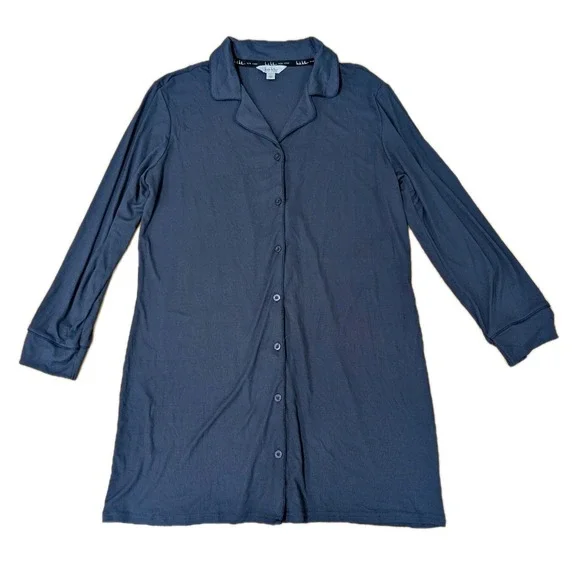 Nicole Miller Button Down Night Shirt Dress Pajamas Womens L Naval Blue NEW NWT