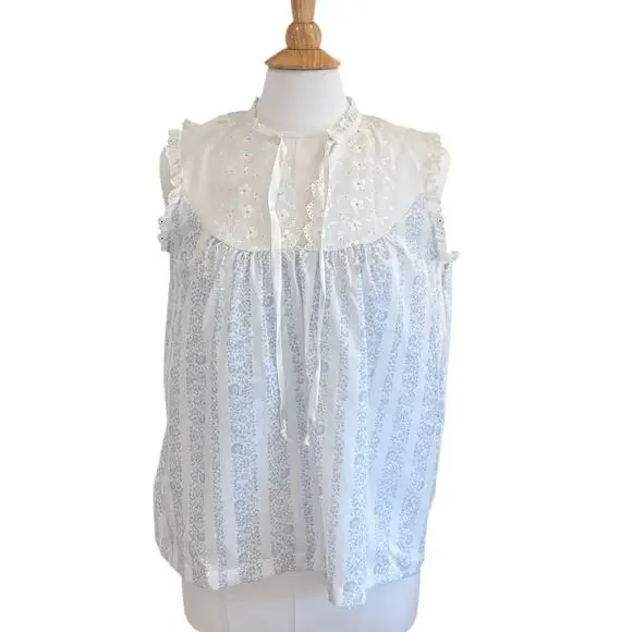 Vintage Violette Pastel Blue Floral Sleep Top, Eyelet, Ruffle, Size L