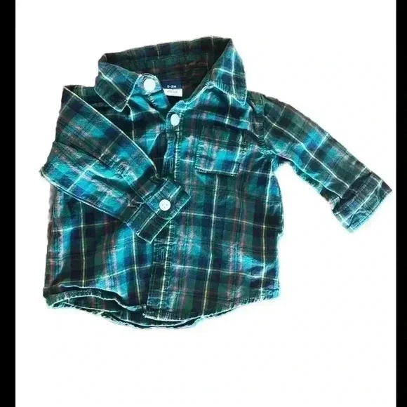 Old Navy Plaid Button Up Shirt Boys Size 0-3 Months Green Long Sleeve Collared