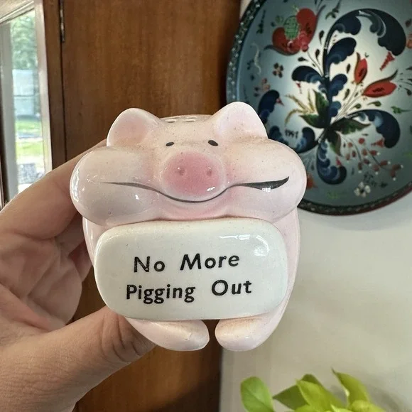 Pink White Ceramic Pig Figural Salt Shaker w/ Stopper 