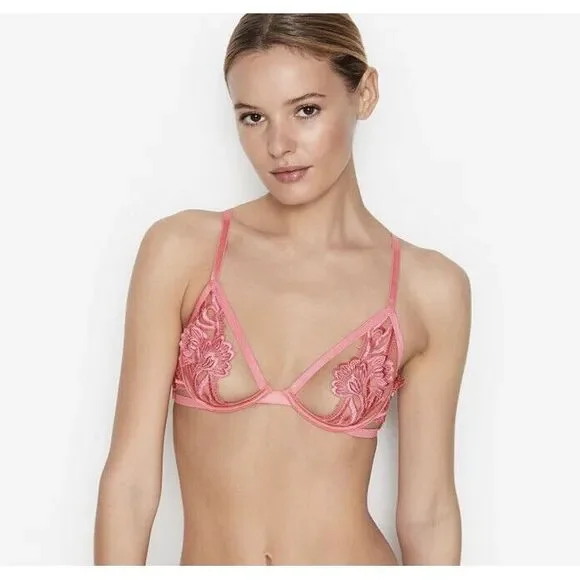 Victoria's Secret Unlined Embroidered Open‎ Demi Bra Sz 34DD Pink Ouvert