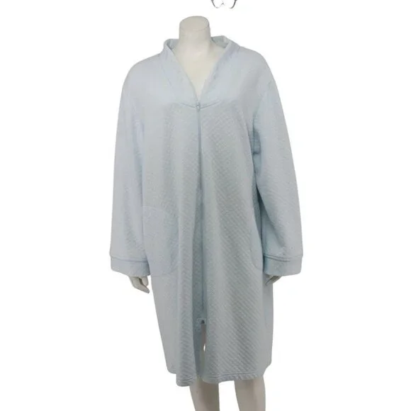 Miss Elaine Woman Blue Quilted Floral Embroidered Zip Fleece Robe Size XL