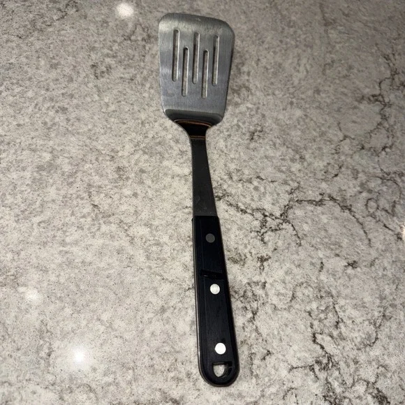 Vintage CK Stainless Steel Slotted Spatula Turner Heavy Duty Melt Marks 12 In