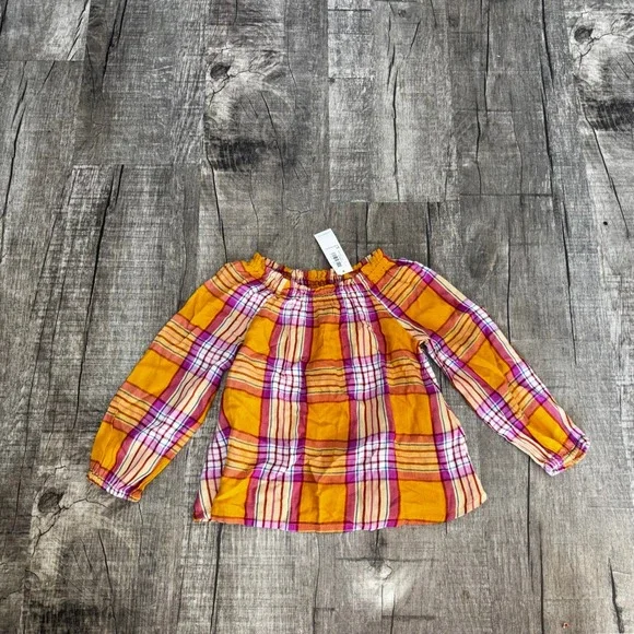 NWT Old Navy Toddler Girls 2T‎ Plaid Ruffle Blouse Yellow Pink Long Sleeve