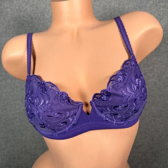Vintage Victorias Secret 34B Bra Womens Adjustable Purple Embroidered Floral
