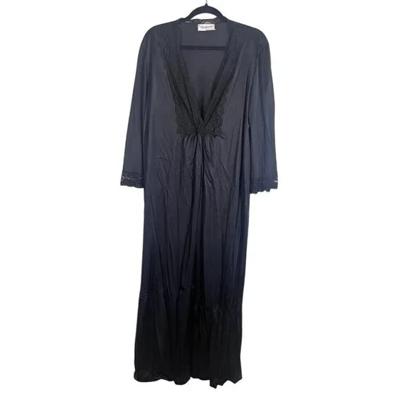 Vassarette Intimates L Black Robe Nightgown Vintage Retro Feminine Sexy Wedding