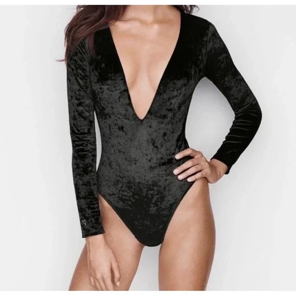 Victoria Secret Black‎ Velvet Whimsigoth Sexy Deep V Plunge Thong Bodysuit XS/S