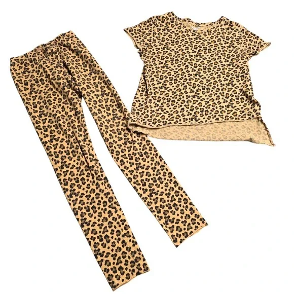 Old Navy Leopard Print Pajama Set Softest Tee and Leggings‎ Girl's Size XL 14-16