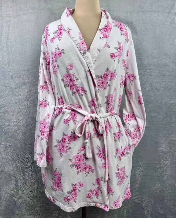Vintage Laura Ashley Pink Floral Cotton Short Belted Robe Lounge Cottagecore - M