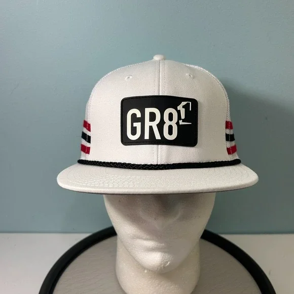 GR8 Great One Hat Trucker Style Snapback White 3 Stripe Mesh Back Cap OSFM NEW