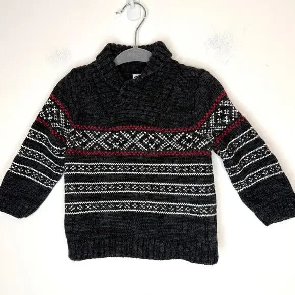 Old Navy Baby Boy Fair Isle Holiday Sweater In Gray Red White Size 6-12 Months