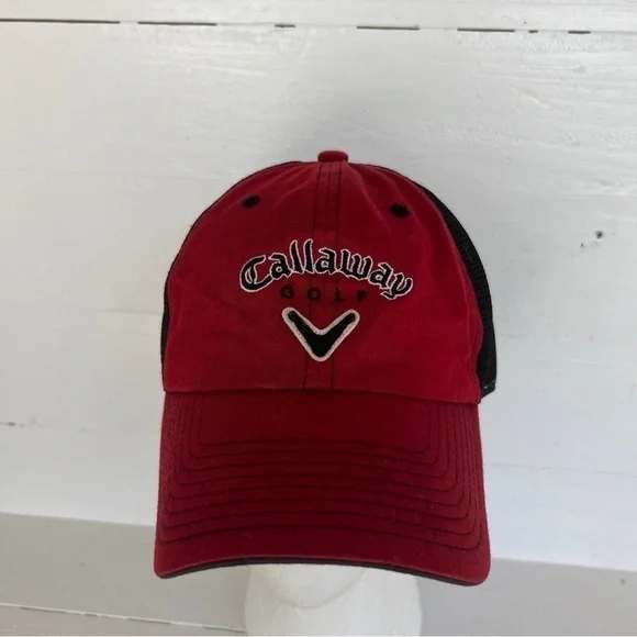 Callaway Golf Red Black Hat Cap Hook And Loop OS Mesh Embroidered