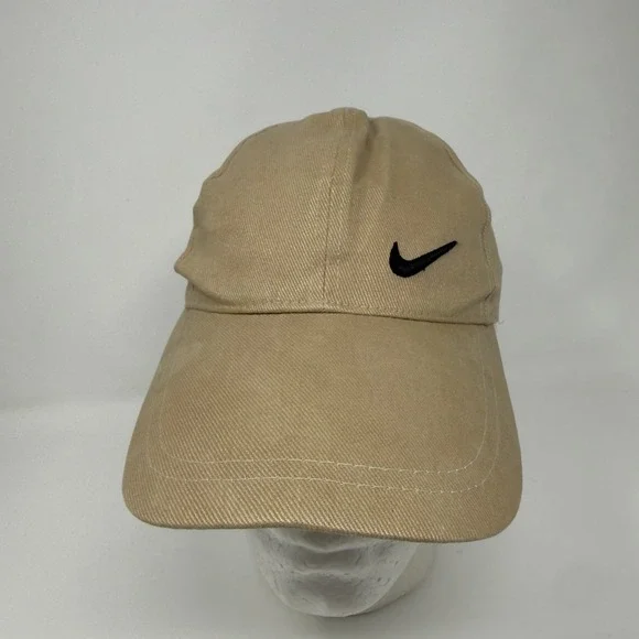 Vintage Nike Swoosh Hat Tan Khaki Made in Korea Adjustable Zip Strap Cap