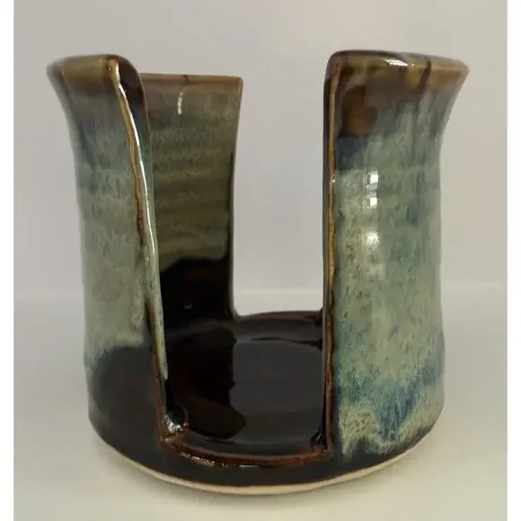 Studio Pottery Kitchen Sponge Holder For Sink Signed Blue Brown Drip Glaze