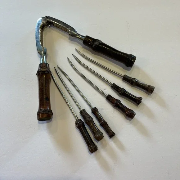 Vintage Stainless Steel Wooden Handle Nut Cracker Set