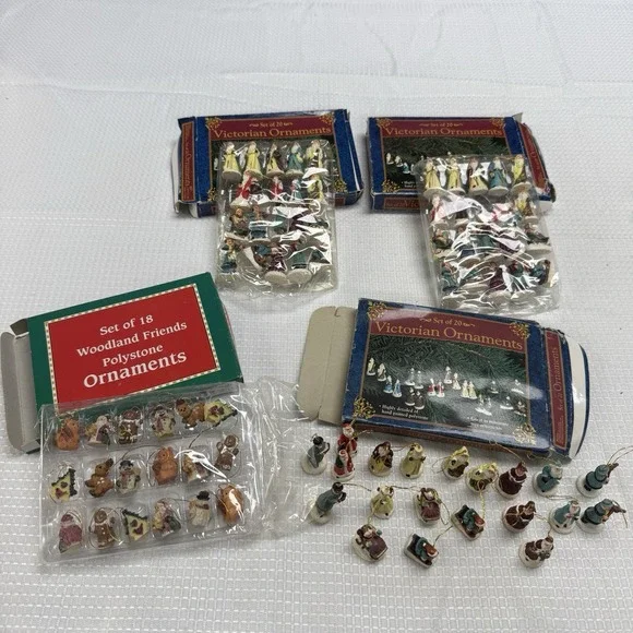 Vintage 4 Sets Victorian Animal‎ Christmas Ornaments Mini Set 20 & 18 Polystone