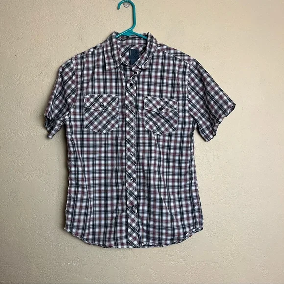 5/$25 Old navy boy short sleeve bottoms down multicolor plaid shirt‎ size XL