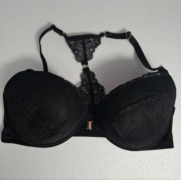 Victoria's Secret PINK Black Lace Racerback Push-Up Bra 36DD Front Clouse