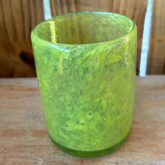 Crate & Barrel Calypso Green Blown Glass Rocks Short Tumbler Bar Glass 4”Tall
