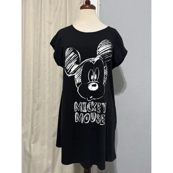 Disney Black Mickey Mouse Front Scoop Neck Short Sleeve‎ Sleepshirt Dress L-XL