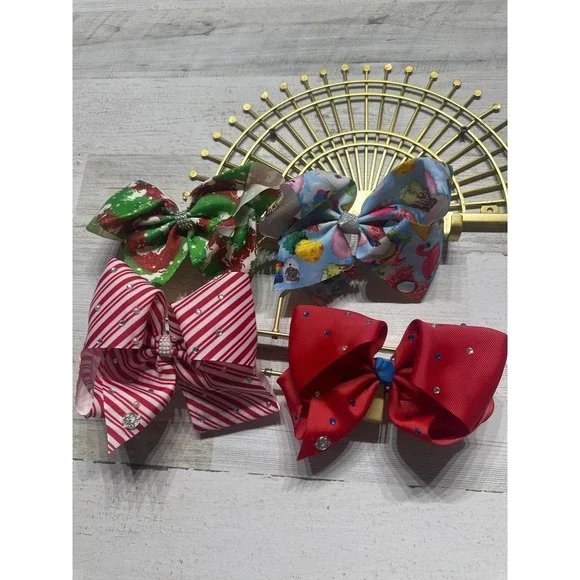 JoJo Siwa Hair‎ Bows Girls OS Multicolor Holiday Rhinestone Pearl 4pc Set EUC