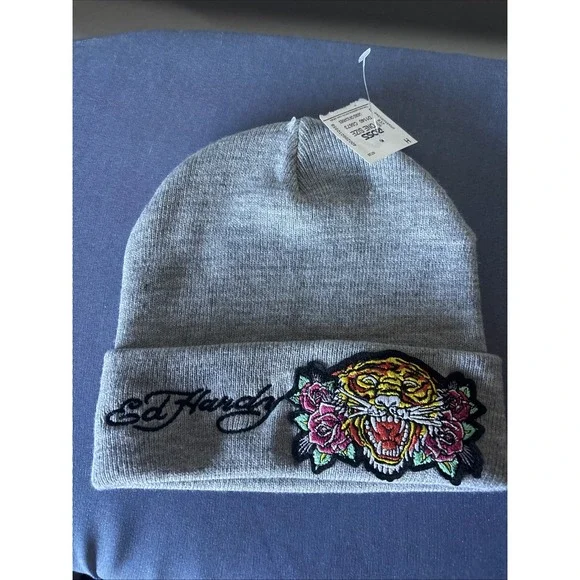 Ed Hardy Tiger Beanie Hat Big Graphic Embroidered Knitted Unisex Grey Gray‎ New