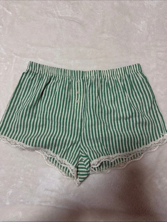 Green Striped Lace-Trim Sleep Shorts - Women's Pajama Bottoms
