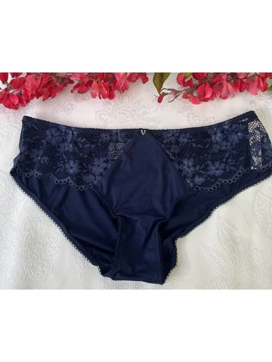 VICTORIA'S SECRET M NAVY BLUE SILKY W LACE CHARM HIPSTER HIPHUGGER PANTIES NWT