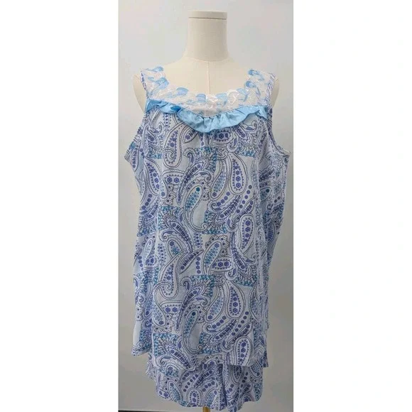 New Lati Fashion PJ Short Set Size M White Blue Paisley Cotton Oversize Ruffles