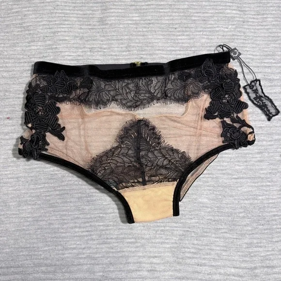 NWT For Love And Lemons Flower Blossom Black/Nude Lace High-Waisted Panties Sz L