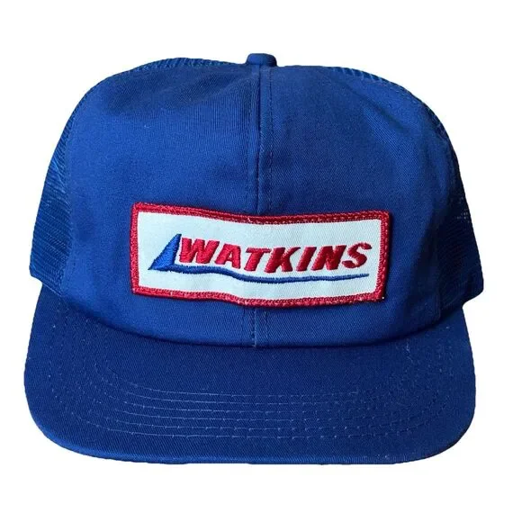 Vintage 80s Watkins Hat Cap Snapback Blue Adjustable Patch Logo Mesh Trucker