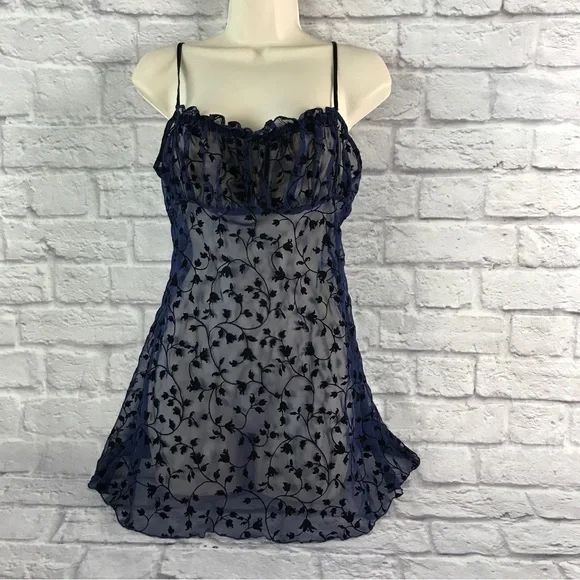 Vintage RARE Velvet Burnout Victoria’s Secret‎ Milkmaid Slip Deep Blue CTRR