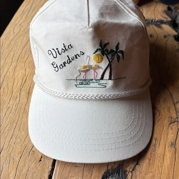 Vintage 80s White Vista Gardens Cap with Embroidered Flamingo Palm Trees