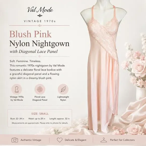 Val Mode Vintage 1970s Blush Pink Nylon Nightgown Diagonal Lace Panel Small