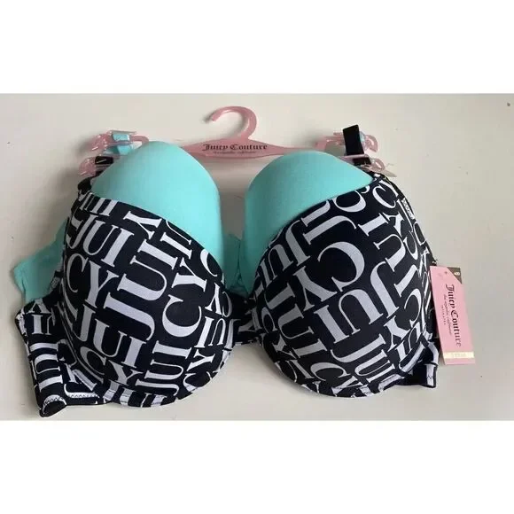 Juicy Couture Sleek & Smooth 2 Pack‎ Bra JC3819 Lined Size 40D Black Teal NEW