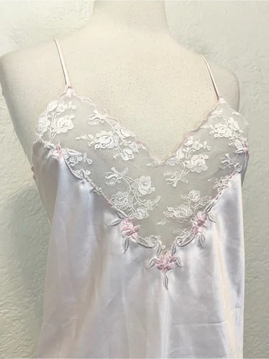 Vintage Slip Dress Nightgown Pink Satin Lace Coquette Fairy Small S