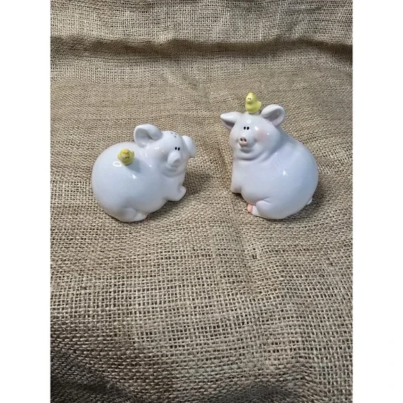Vintage White Pig with‎ Yellow Bird Salt & Pepper Shakers