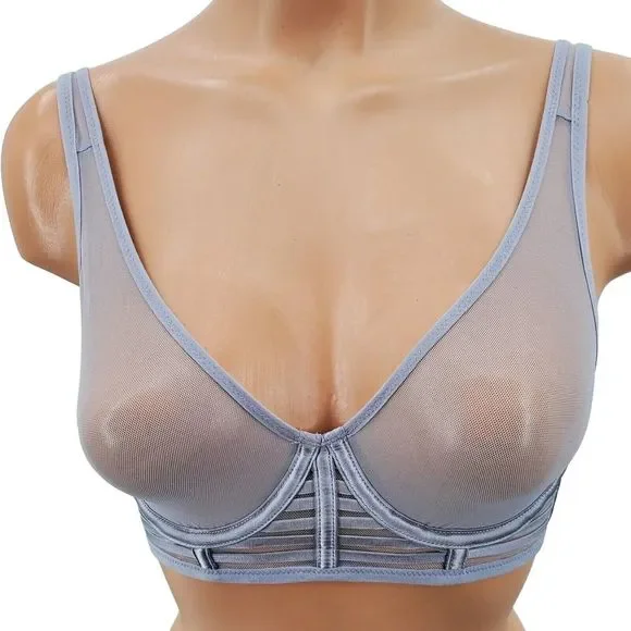 Victoria's Secret Unlined Plunge Mesh Sheer Sexy Light Gray Bra Size 32 C New