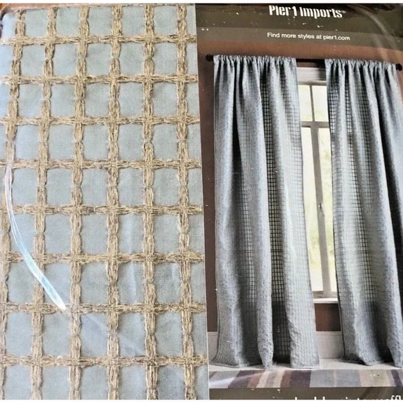 Pier 1 Imports Jute Waffle Smoke Blue Lined Curtain Panels‎ 50x84 Set of 2