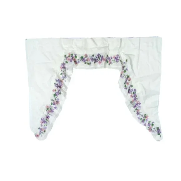 Vintage Ruffle Window Treatment 2 Piece Lace Valances Curtains White Flowers 60s