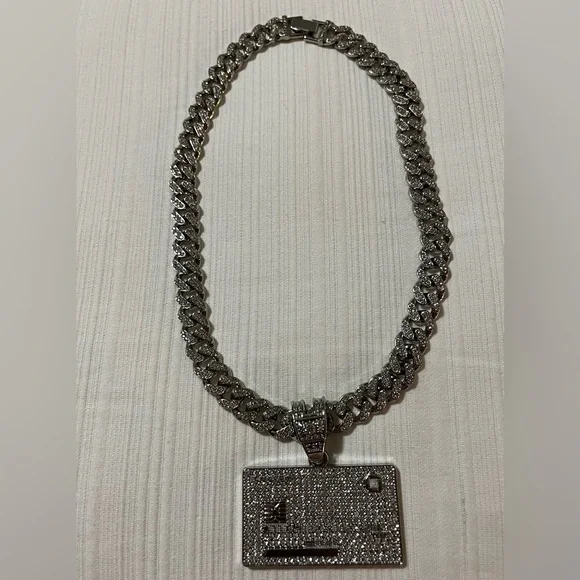 Iced Out Credit Card Pendant & Heavy Cuban Link Chain Necklace - Silver Tone