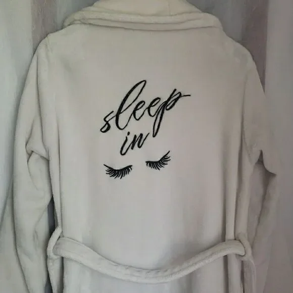 Sleep In White Robe Women's Short Fleece Belt Pockets *FLAW