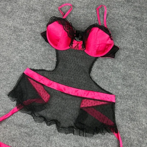 Apt 9 Intimates Hot Pink Black Lace Mesh Babydoll Chemise Lingerie Size Medium