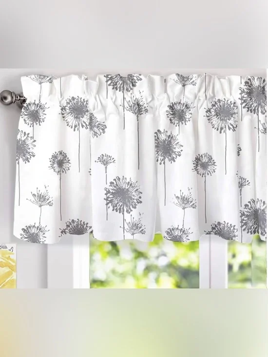 Set of 2 White and Gray Dandelion Pattern Valances.