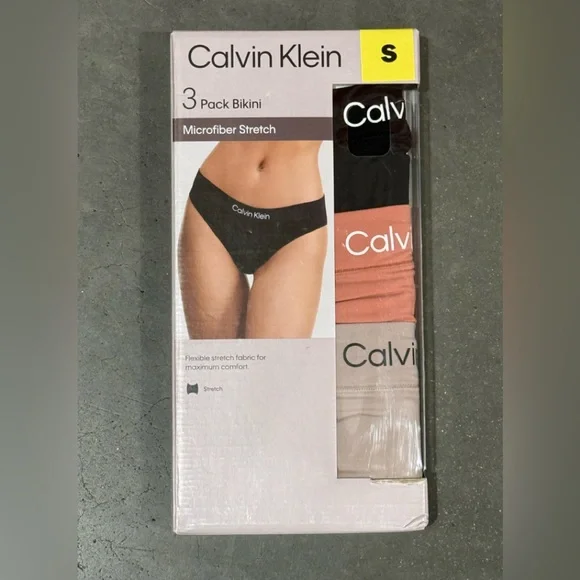 Calvin Klein Bikini Panties S 4-6 3-pack Microfiber Stretch Black Coral Tan NEW