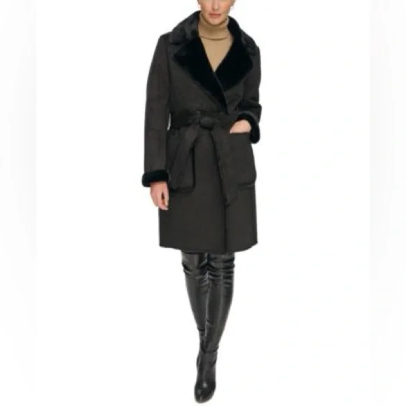 DKNY Women's Petite Belted Notched-Collar Faux-Shearling Coat