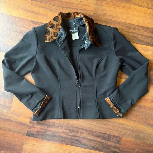 Positive Attitude Black Leopard Print Collar Cuff‎ Blazer Jacket Size 10