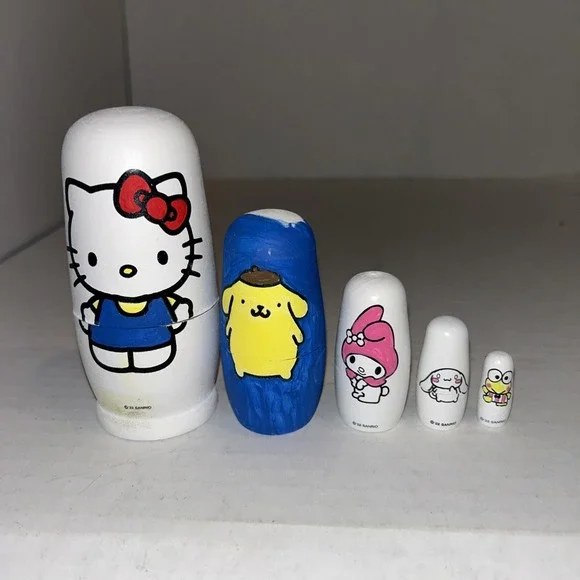 Hello Kitty Sanrio Wooden‎ Nesting Dolls Set Of 5 Melody, Keroppi, Cinnaroll A2