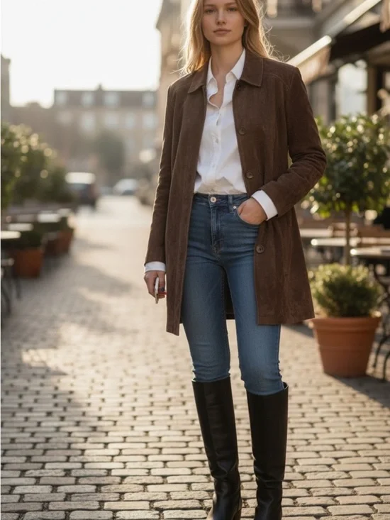 Vintage Genuine Leather Suede Button-Front Coat Women’s Medium Western Style