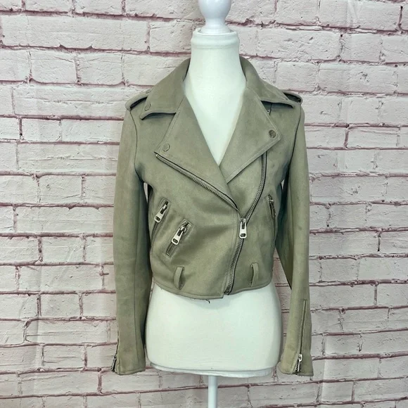 Zara Light Grey Suede Cropped Moto Jacket with Zipper Pockets Like New XS